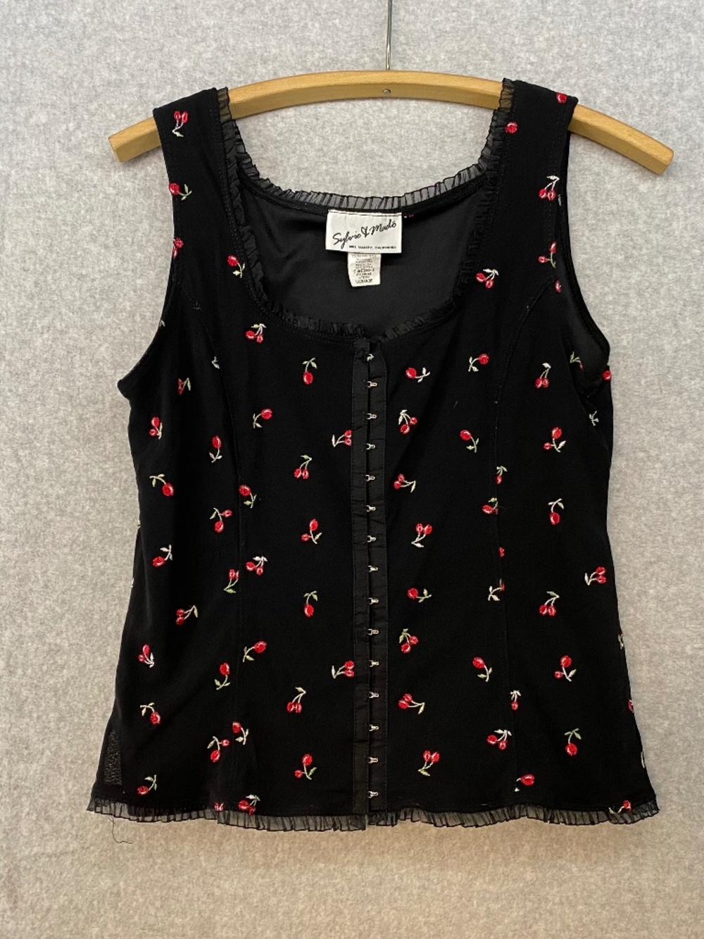 Sylvie Mado Vintage Corset Top L Cherries Black Lace Hook Eye Bustier Renaissanc